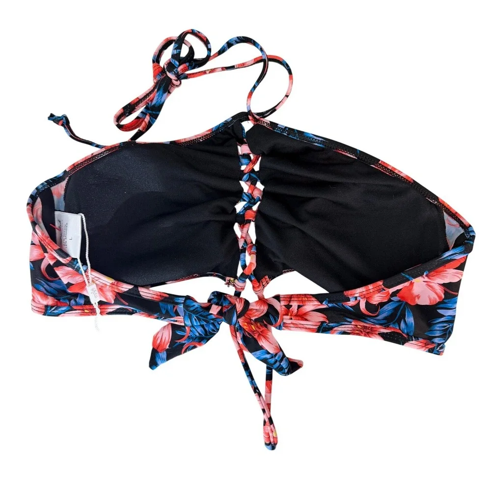 Stylish Swimwear‎ Bikini Top Women Large Black Floral Tropical Halter Ruched NEW